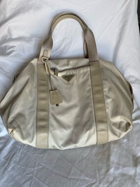 Prada Cream Nylon Shoulder Tote with Leather Accents